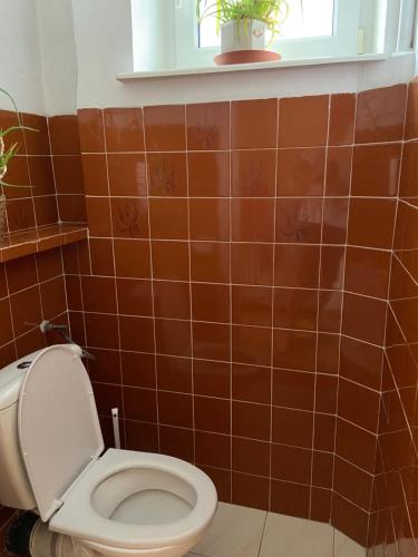 łazienka z toaletą wyłożoną brązowymi kafelkami w obiekcie Pokoje Gościnne Hetmanska w mieście Gdynia