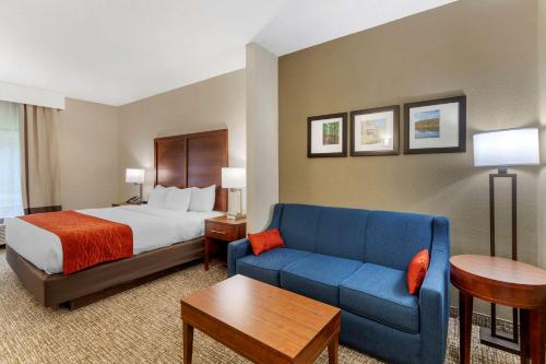 una camera d'albergo con un letto e un divano blu di comfort & inn Suites a Canton