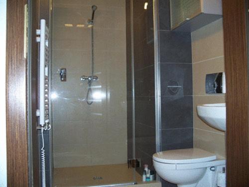 uma casa de banho com um chuveiro, um WC e um lavatório. em Apartament Stara Polana i Spa em Zakopane