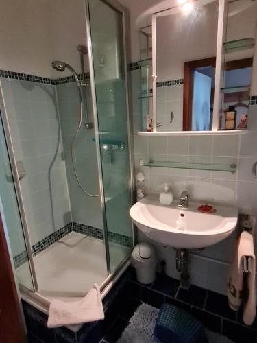 een badkamer met een glazen douche en een wastafel bij Vier Jahreszeiten 3 37 in Großenbrode
