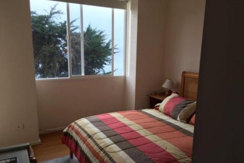 1 dormitorio con 1 cama frente a una ventana en Bahia Pelicanos, Horcon departamento Mabel en Horcón
