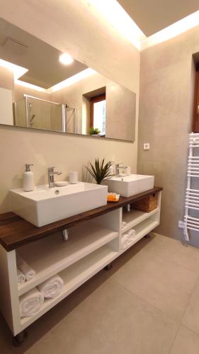 a bathroom with two sinks and a large mirror at Apartmány Na Vyhlídce in Paseka