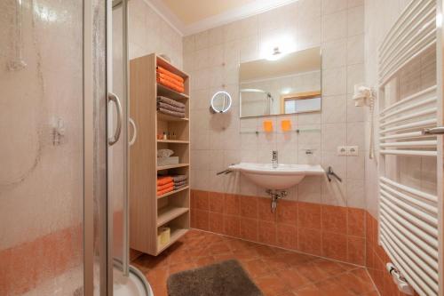ein Bad mit einem Waschbecken und einer Dusche in der Unterkunft Apartments Nadine in Neustift im Stubaital