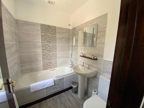 a bathroom with a sink and a tub and a toilet at The Griffin Llyswen in Brecon