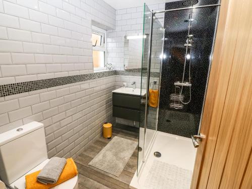 a bathroom with a shower and a toilet and a sink at Ty Gwair The Hayloft in Caernarfon
