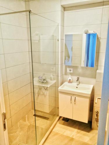 a bathroom with a sink and a glass shower at Sunflower Apartments in Pristina