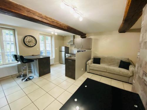 uma sala de estar com um sofá e uma cozinha em Bel appartement cœur de ville em Chalon-sur-Saône