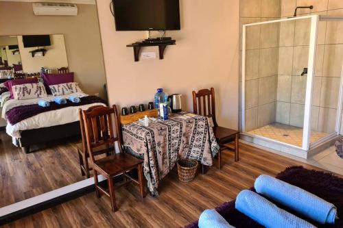 a room with a table and a shower and a bedroom at Pattys Place 12 Hakbos Street in Kathu