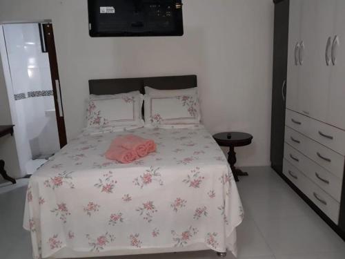 sypialnia z łóżkiem z różowym kocem w obiekcie Linda Suíte perto da Praia do Forno w mieście Arraial do Cabo