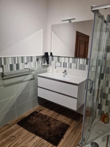 ein weißes Bad mit einem Waschbecken und einer Dusche in der Unterkunft Appartamento luminosissimo in pieno centro in Grosseto