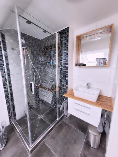a bathroom with a shower and a sink at Stengels Sekt Appartements in Weinsberg