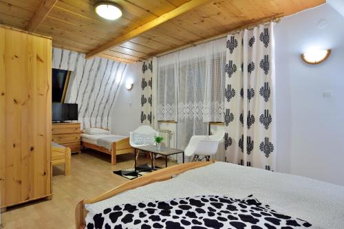 a bedroom with a bed and a desk and a tv at KUROSOWY POTOK NOCLEGI ZAKOPANE CENTRUM in Zakopane