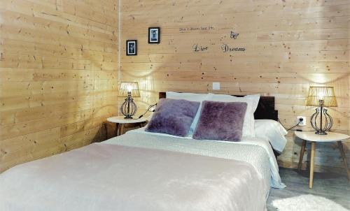 a bedroom with wooden walls and a bed with two tables at Appartement Lila in Carcassonne