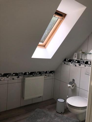 a bathroom with a toilet and a skylight at Ferienwohnungen Margot in Iserlohn