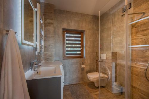 La salle de bains est pourvue de toilettes, d'un lavabo et d'une douche. dans l'établissement Domki u Skowyrów, à Gliczarów