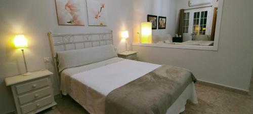 1 dormitorio con cama y espejo grande en Castella Aquae estudio, en Mérida