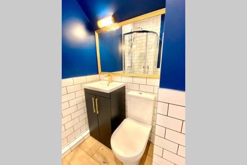 a bathroom with a toilet and a sink and a mirror at Cleveland House - Perfect for Beaches and Town. in Bournemouth