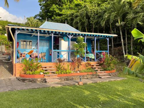a blue house with a porch and some plants at Le Nid Tropical in Bouillante