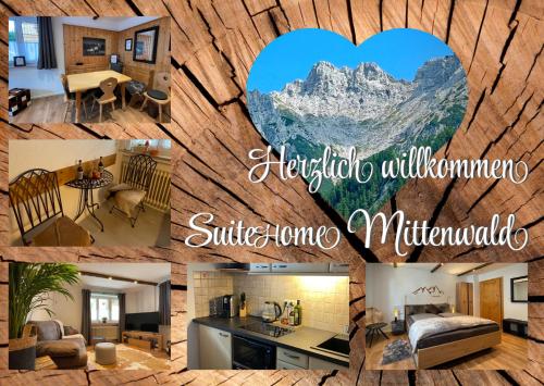 een collage van foto's van een huis met een berg bij Suite Home Mittenwald in Mittenwald