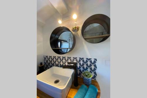 uma casa de banho com um lavatório e 2 espelhos em ST PALAIS Appartement cocooning em Saint-Palais-sur-Mer