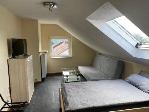 a bedroom with a bed and a tv in a attic at Ferienwohnung Schwalbe in Hagen