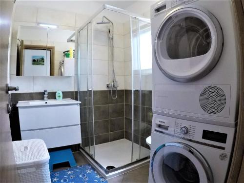 a bathroom with a shower and a washing machine at Holiday house Vedrana, Jadreški in Pula