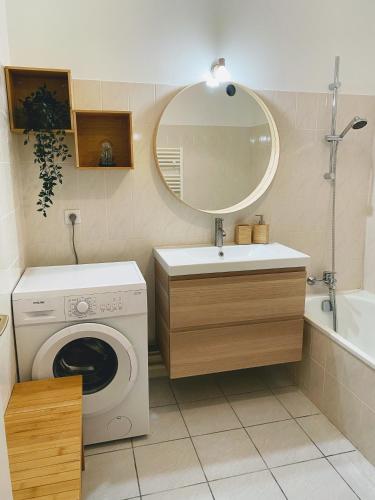 La salle de bains est pourvue d'un lave-linge et d'un miroir. dans l'établissement Le Pontappart, à Royan