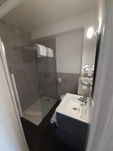 a small bathroom with a sink and a shower at L'Auberge in Saint-Viance
