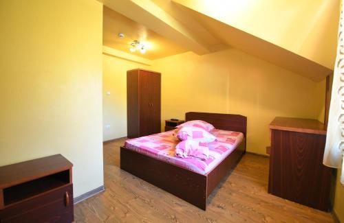 a small bedroom with a bed with a pink blanket at Pensiunea Dany in Clopotiva