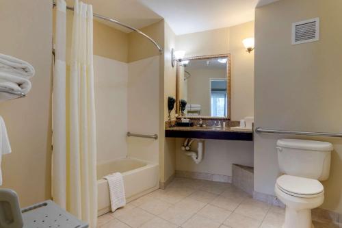 a bathroom with a toilet and a shower and a sink at Comfort Suites Savannah North in Port Wentworth