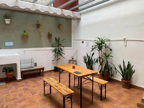 un patio con mesa, bancos y plantas en Maria Magdalena - Room 3, en Málaga