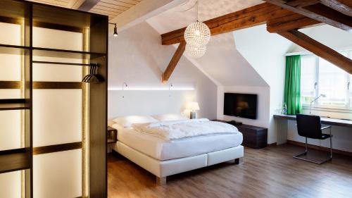 Dormitorio con cama, escritorio y TV en Landgasthof Schwanen, en Felben