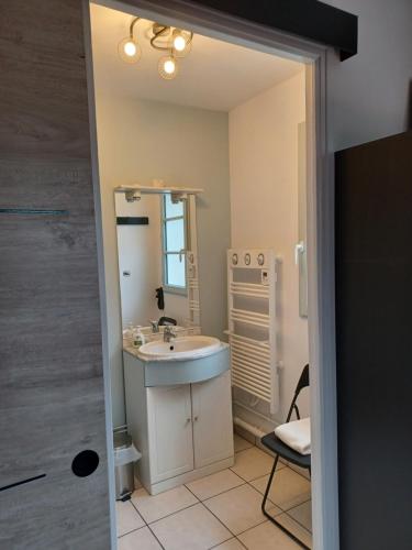 La salle de bains est pourvue d'un lavabo et d'un miroir. dans l'établissement L'escale honfleuraise, à Honfleur