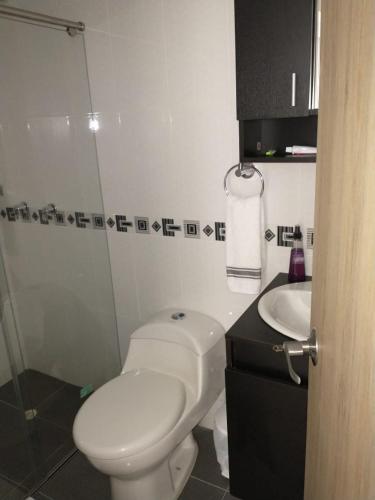 a bathroom with a white toilet and a sink at Lindo apartamento cerca a Girardot in Ricaurte