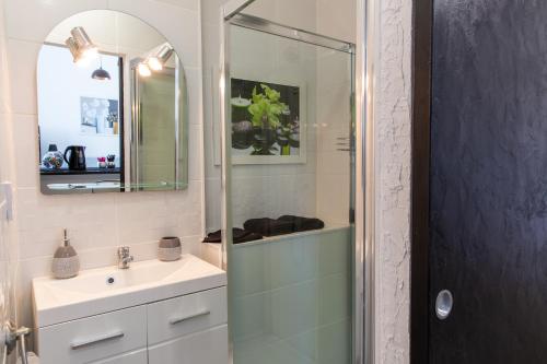 une salle de bain avec un lavabo et une douche avec un miroir dans l'établissement Studio en centre ville à 10 mn à pied de la gare, à Vannes