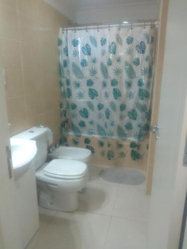 a bathroom with a toilet and a shower curtain at Disfruta como local II (dpto) in La Cieneguita