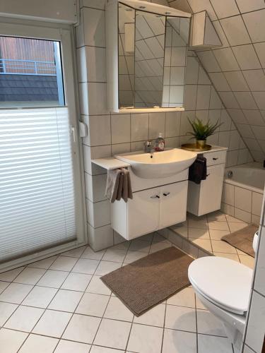 bagno con lavandino, specchio e servizi igienici di Ferienwohnung Zum Bergglück a Winterberg