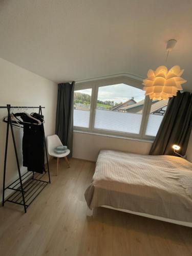 una camera con un letto e una grande finestra di Ferienwohnung Zum Bergglück a Winterberg