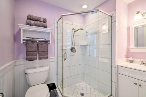 a bathroom with a shower and a toilet at Waterfront Hampstead Home Dock and Waterway Access! in Hampstead