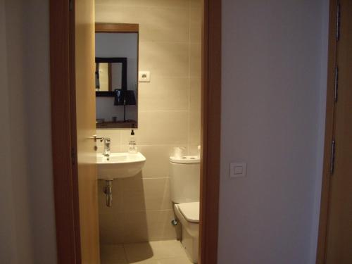 a bathroom with a sink and a toilet and a mirror at Fira Duplex in Hospitalet de Llobregat