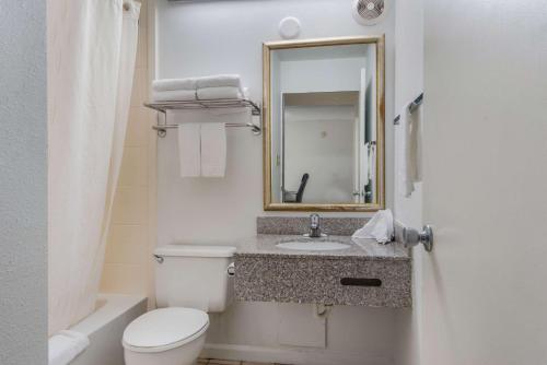 a bathroom with a toilet and a sink and a mirror at Econo Lodge Inn & Suites in Chambersburg