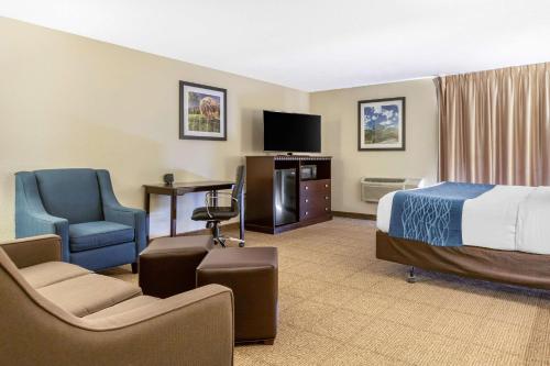 a hotel room with a bed and a desk and chair at Comfort Inn Grand Rapids Airport in Grand Rapids