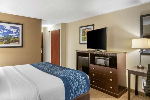 a hotel room with a bed and a flat screen tv at Comfort Inn Grand Rapids Airport in Grand Rapids