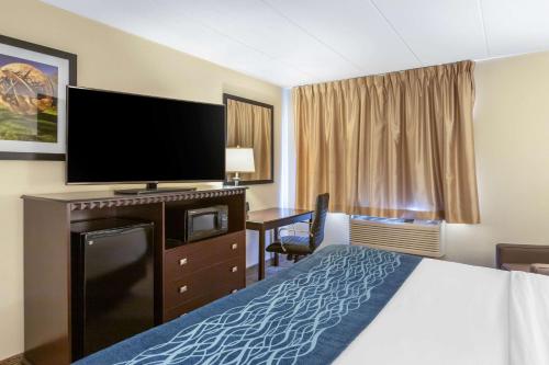 a hotel room with a bed and a flat screen tv at Comfort Inn Grand Rapids Airport in Grand Rapids