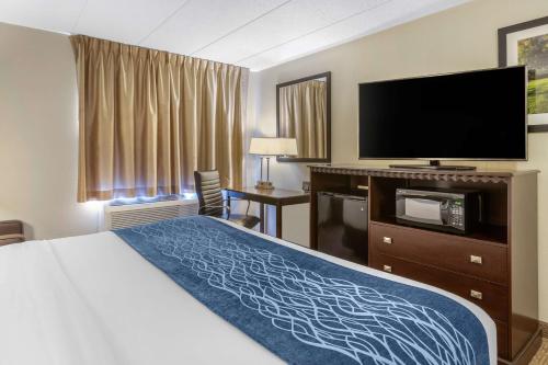 a hotel room with a bed and a flat screen tv at Comfort Inn Grand Rapids Airport in Grand Rapids