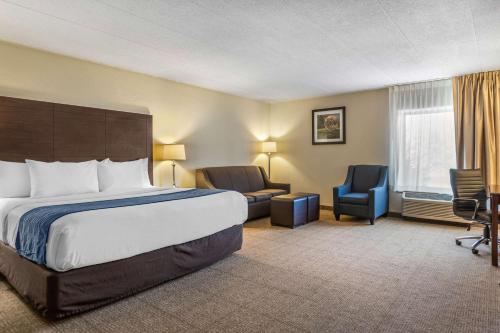 a hotel room with a bed and two chairs at Comfort Inn Grand Rapids Airport in Grand Rapids