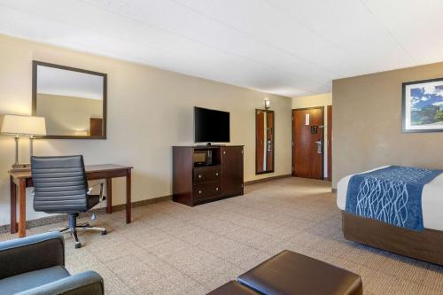 a hotel room with a bed a desk and a tv at Comfort Inn Grand Rapids Airport in Grand Rapids