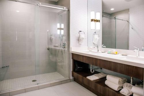 
a bathroom with a shower, sink, and mirror at Haywood Park Hotel, Ascend Hotel Collection in Asheville
