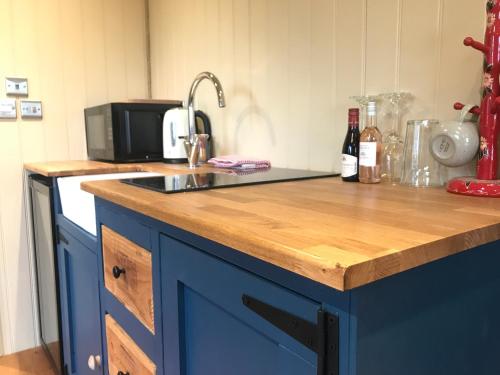 a kitchen counter with a sink and a microwave at Highkettle Hut in Chichester