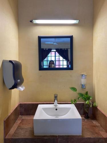 a bathroom with a white sink and a mirror at Hostal La Ermita in Mérida